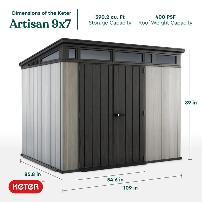 Artisan 9 x 7 Modern and Elegant Storage Shed Made Of Extremely Durable Two Tone Wood-look Resin